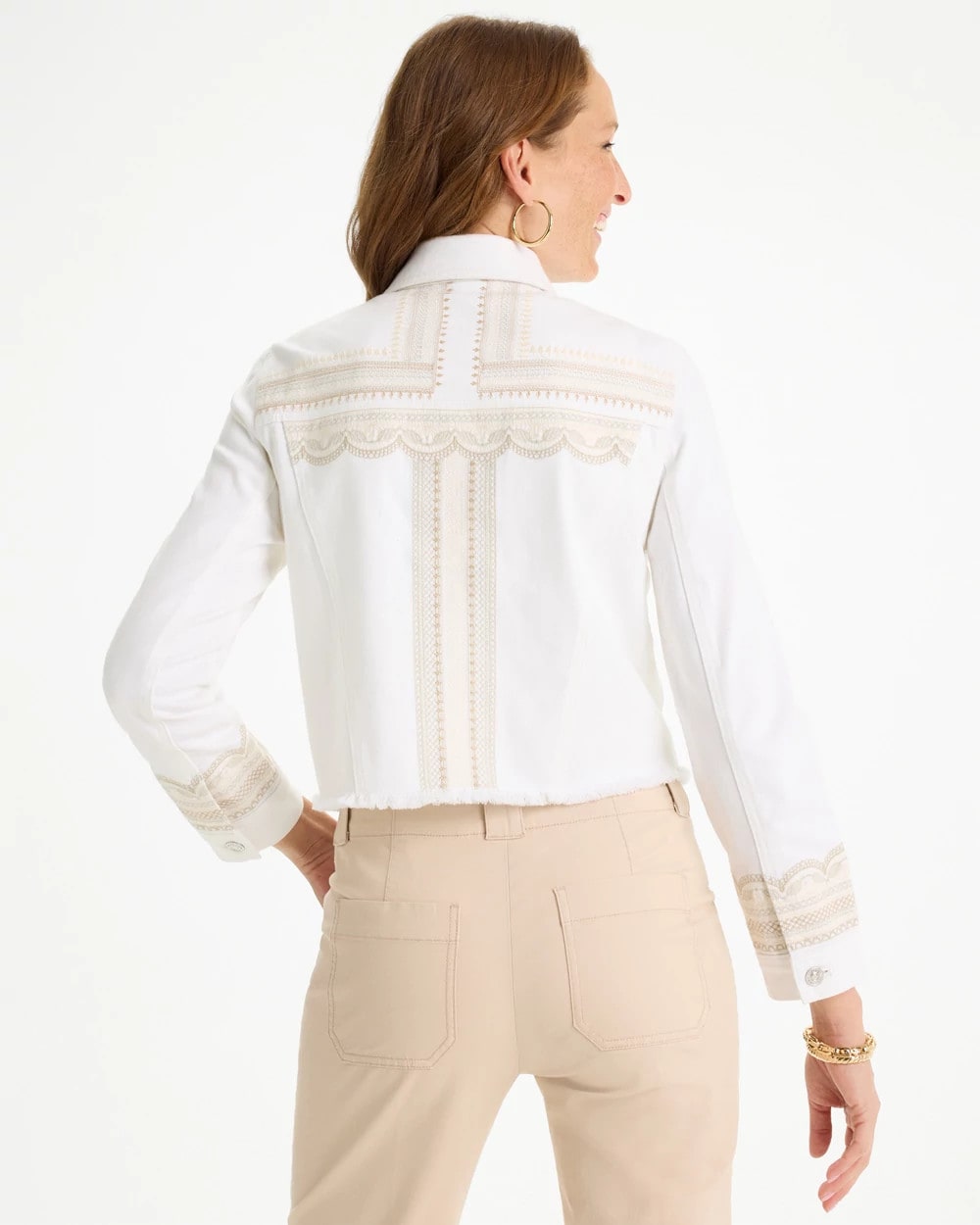 Chico's Online Alabaster Embroidered Cropped Denim Trucker Jacket