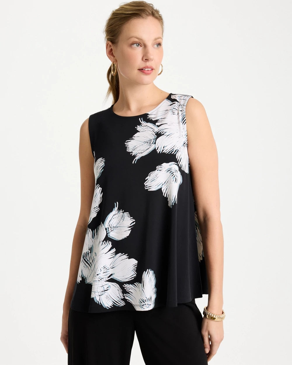 Chico's For Sale Black Travelers™ Knit Abstract Floral Swing Tank