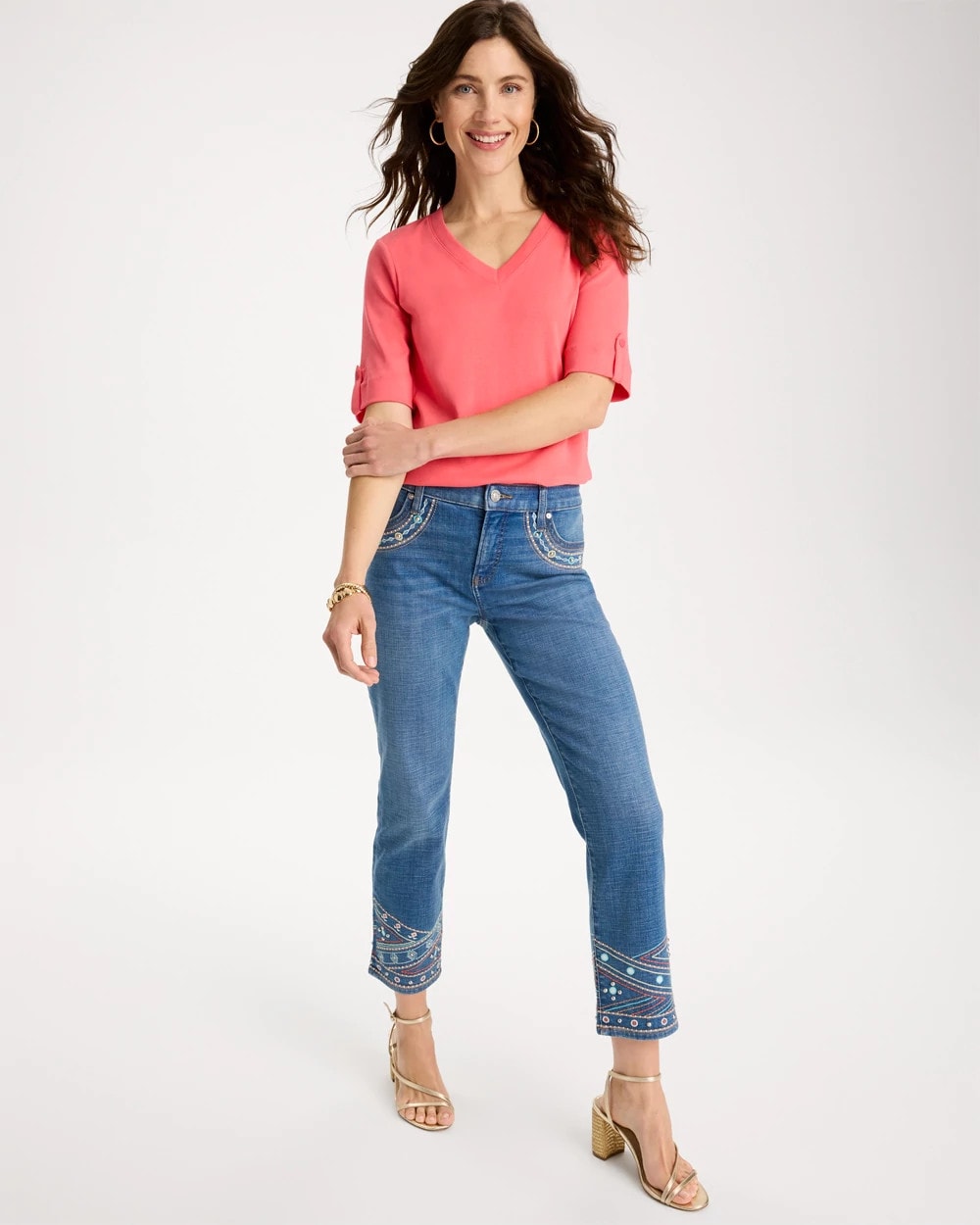 Chico's Discount Freya Indigo Girlfriend Slim Embellished Crop Jeans