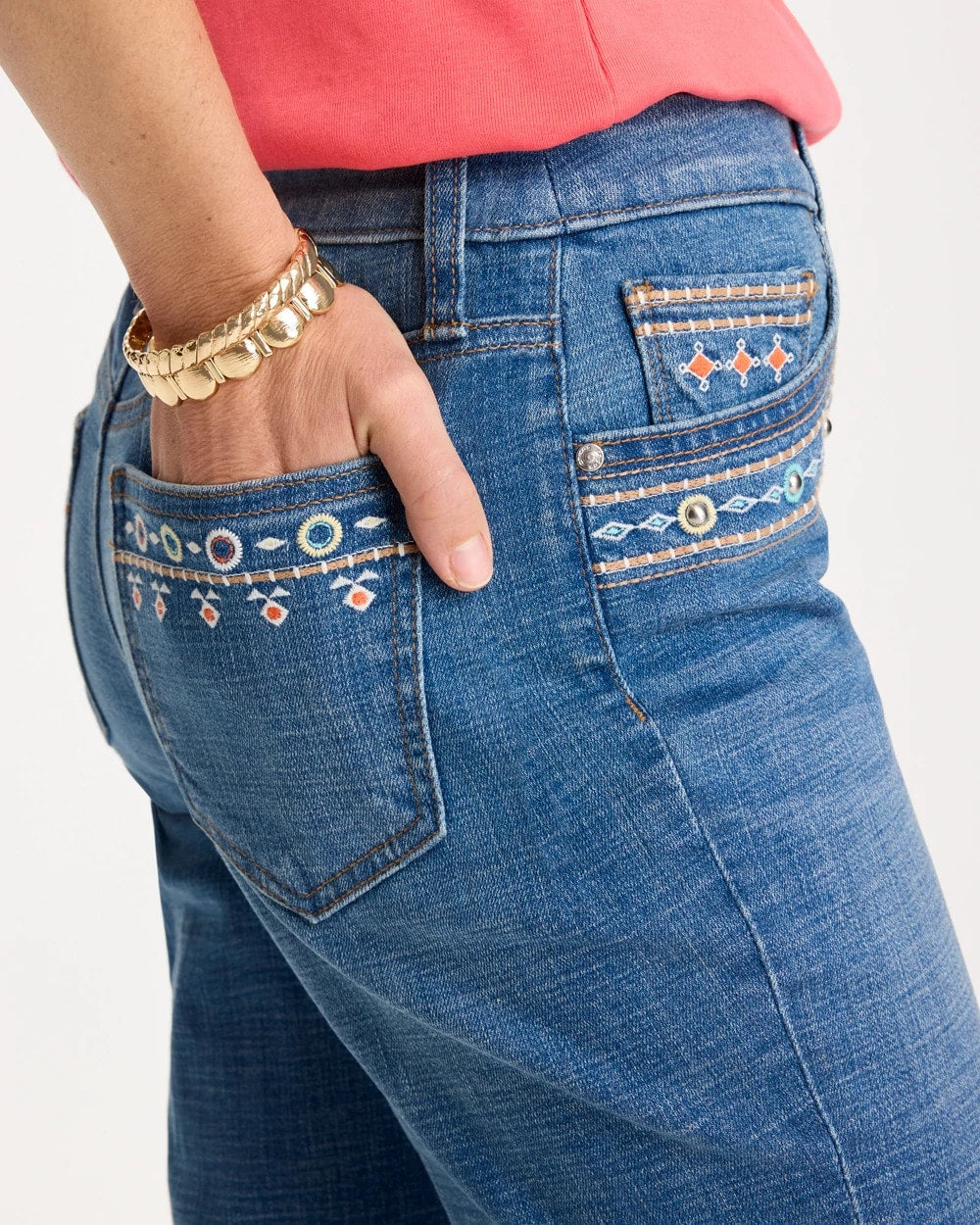 Chico's Discount Freya Indigo Girlfriend Slim Embellished Crop Jeans