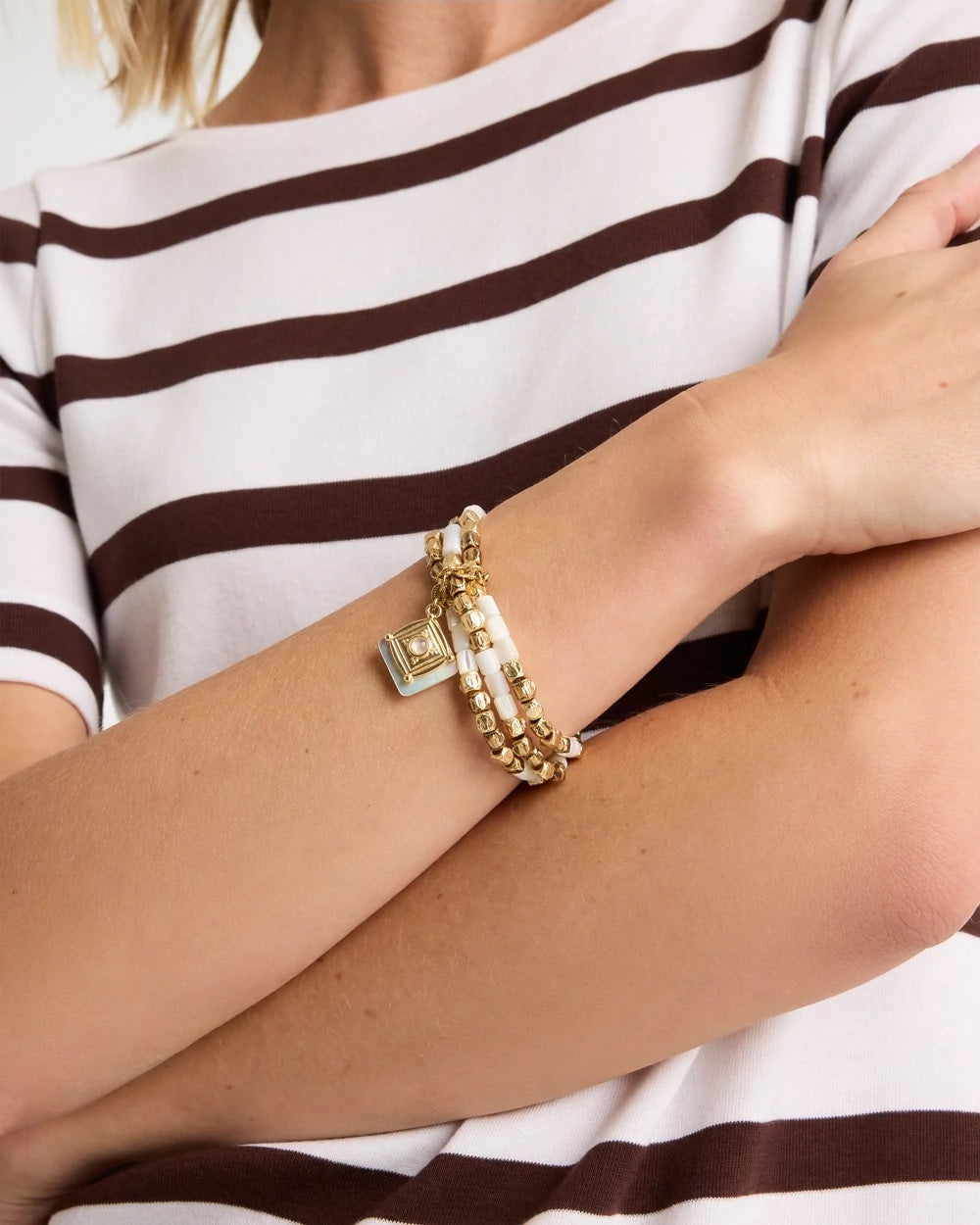 Chico's Discount Gold Set of 3 Pearl Treasure Stretch Bracelets
