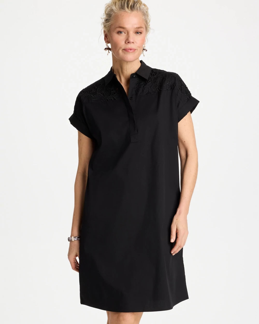Chico's Online Black Popover Embroidered Poplin Dress