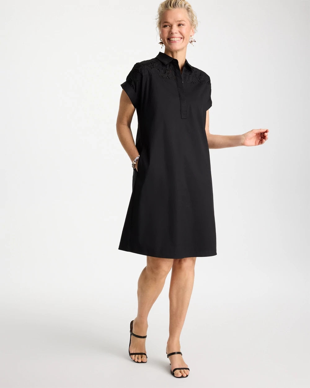 Chico's Online Black Popover Embroidered Poplin Dress