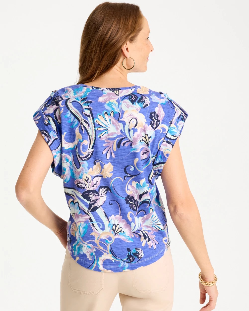 Chico's Sale Amparo Blue Paisley Cotton Slub Epaulette Tee
