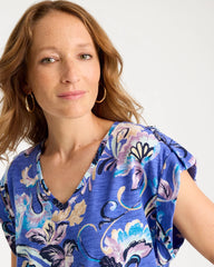 Chico's Sale Amparo Blue Paisley Cotton Slub Epaulette Tee