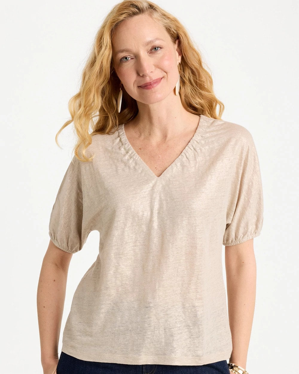 Chico's For Sale Smokey Taupe Fog Foiled Linen Ruched V-Neck Tee