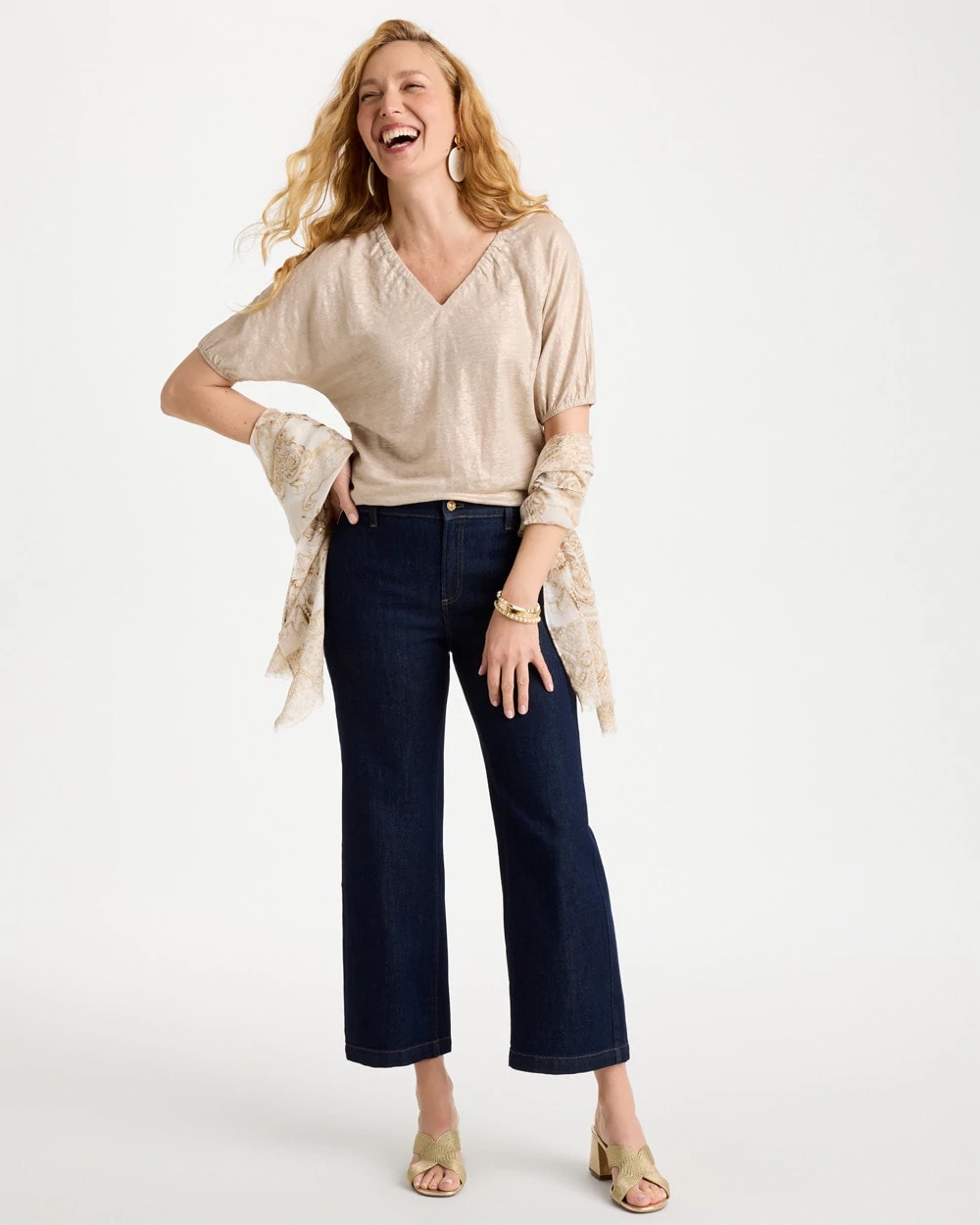 Chico's For Sale Smokey Taupe Fog Foiled Linen Ruched V-Neck Tee
