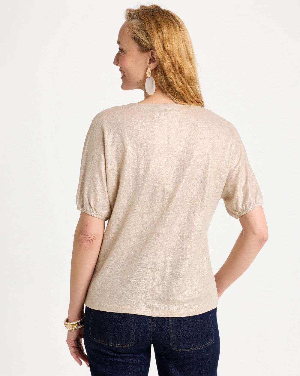 Chico's For Sale Smokey Taupe Fog Foiled Linen Ruched V-Neck Tee