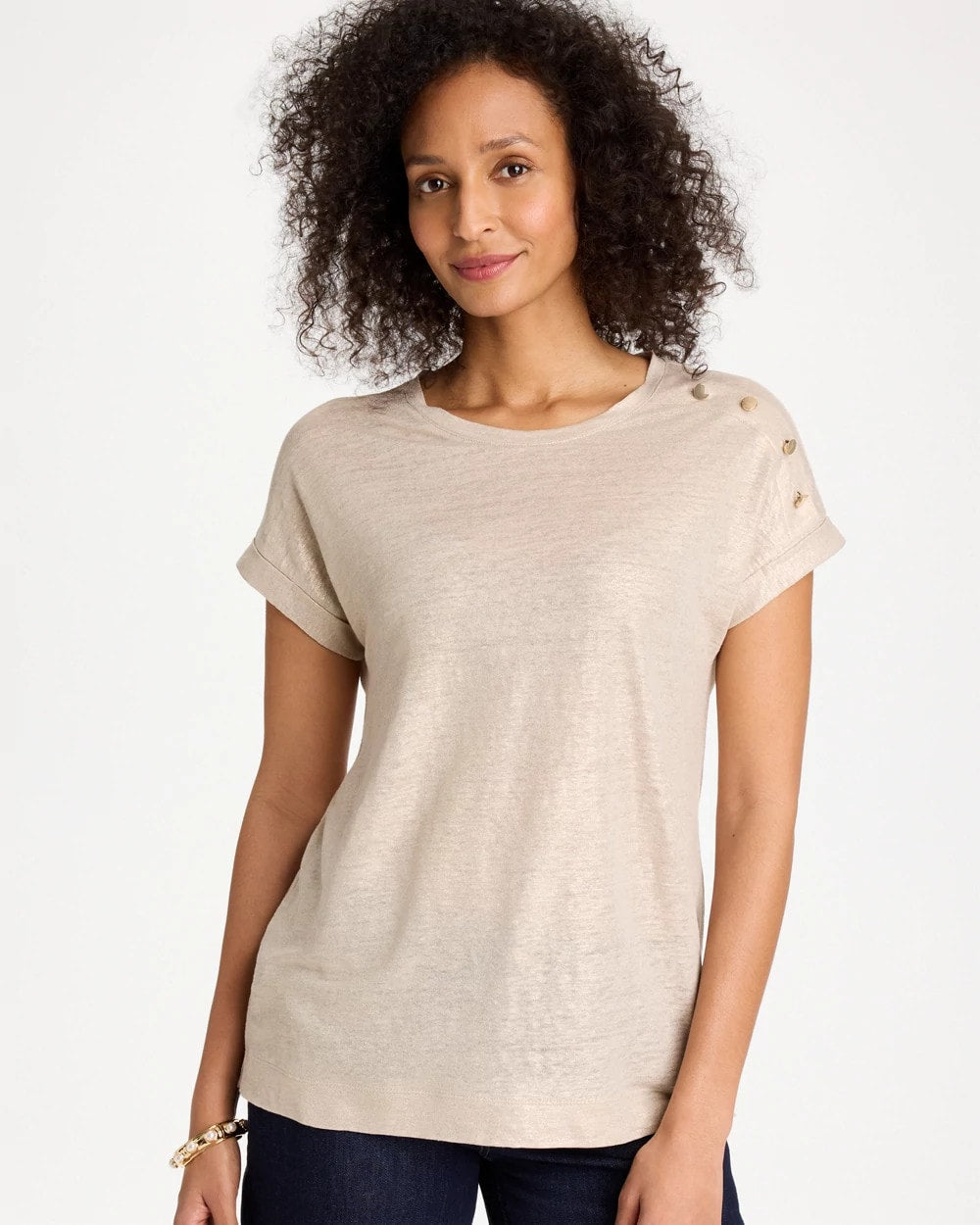 Chico's Discount Smokey Taupe Foiled Linen Button Tunic