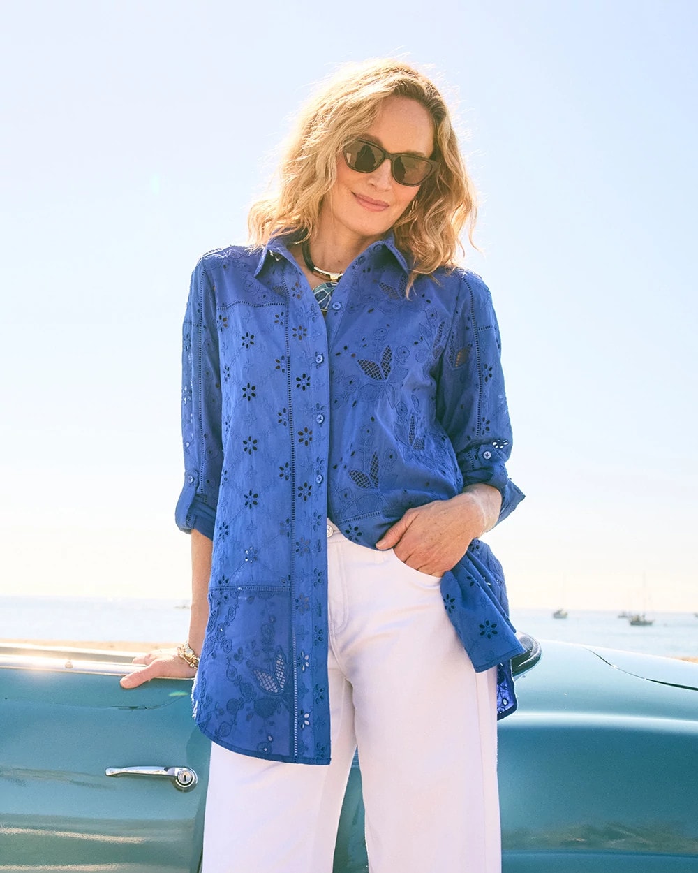 Chico's On Sale Amparo Blue Embroidered Trapunto-Trim Tunic