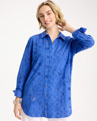 Chico's On Sale Amparo Blue Embroidered Trapunto-Trim Tunic