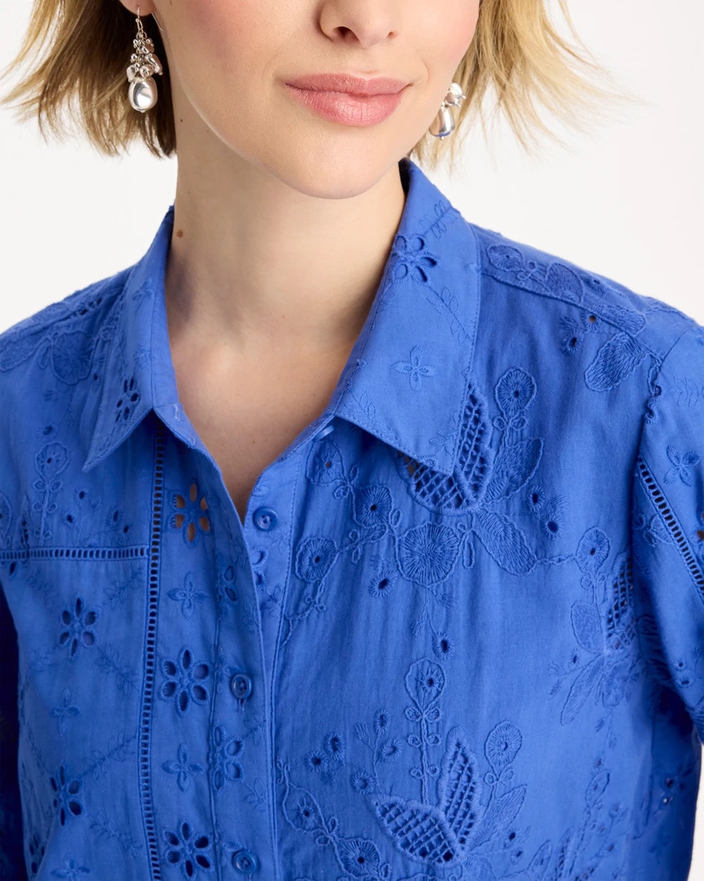 Chico's On Sale Amparo Blue Embroidered Trapunto-Trim Tunic