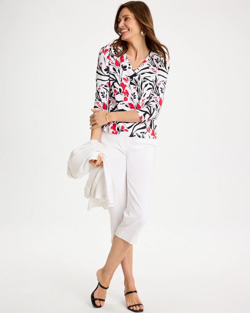 Chico's For Sale Black Cotton Stretch 3/4 Sleeve Floral Tee