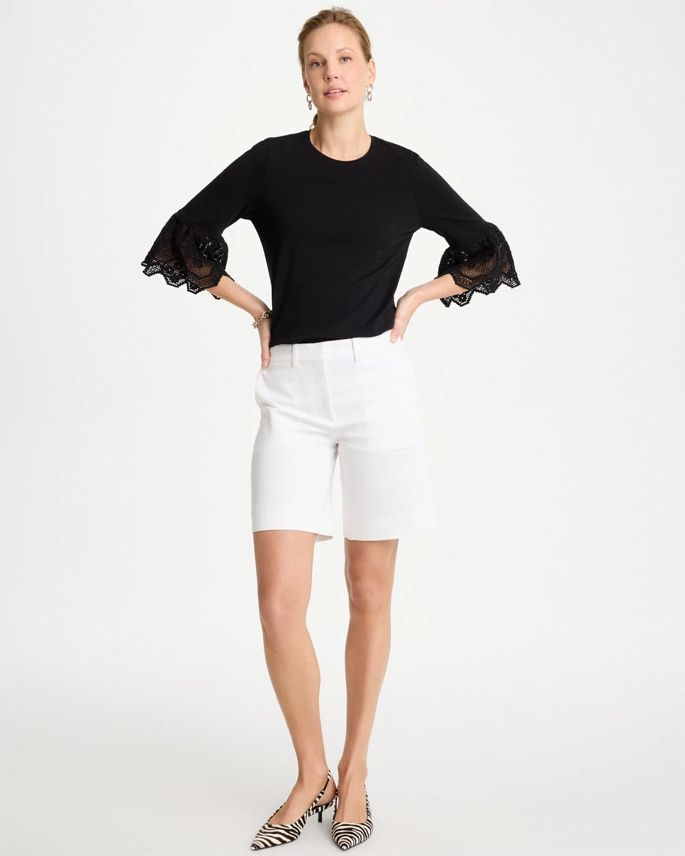 Chico's Online Black Cotton Lace Flutter Sleeve Tee