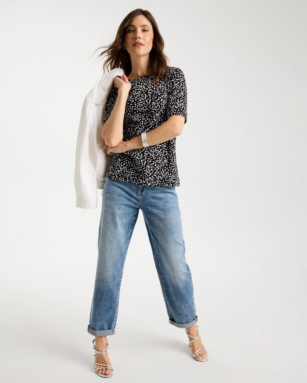 Chico's On Sale Black Printed Pima Elbow Sleeve Tee