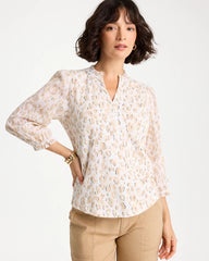 Chico's Discount Mocha Mousse Animal Print Ruffled V-Neck Top