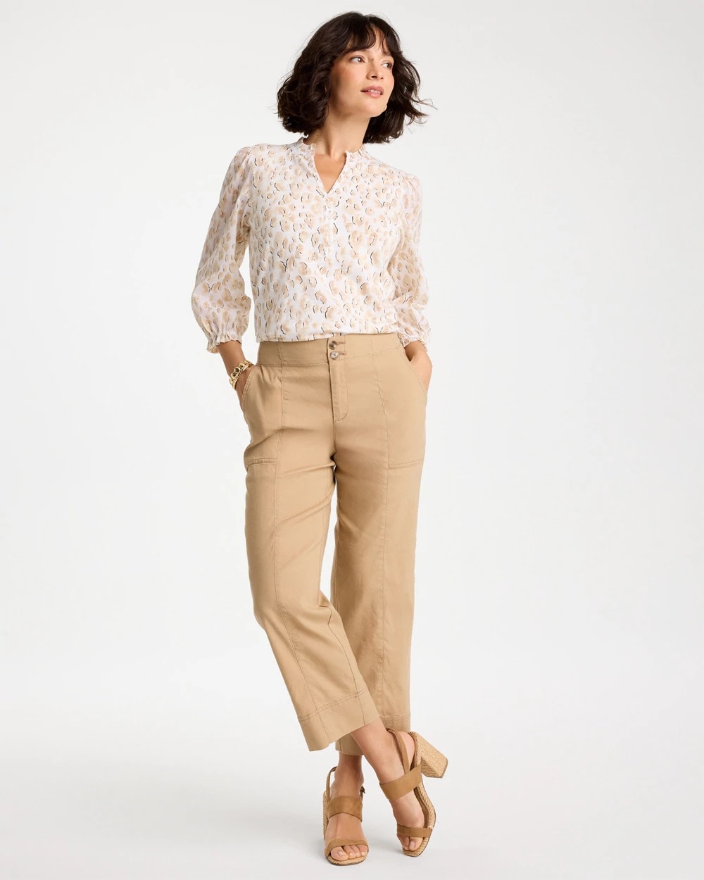 Chico's Discount Mocha Mousse Animal Print Ruffled V-Neck Top