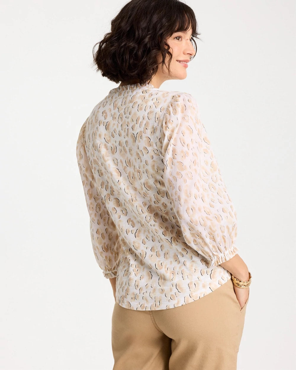 Chico's Discount Mocha Mousse Animal Print Ruffled V-Neck Top