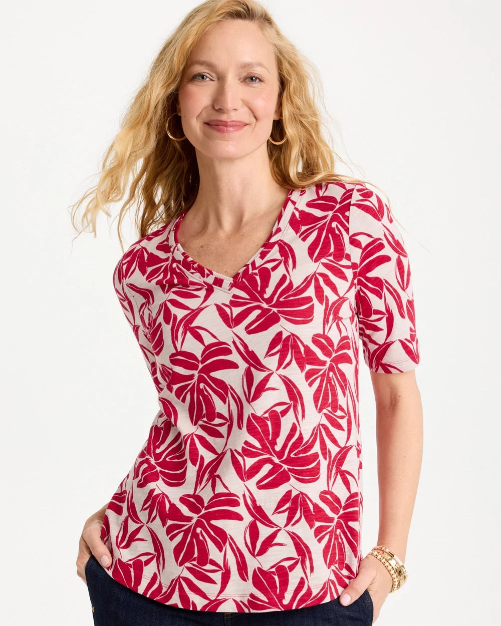 Chico's Outlet Cherry Lush Printed Cotton Slub V-Neck Tee