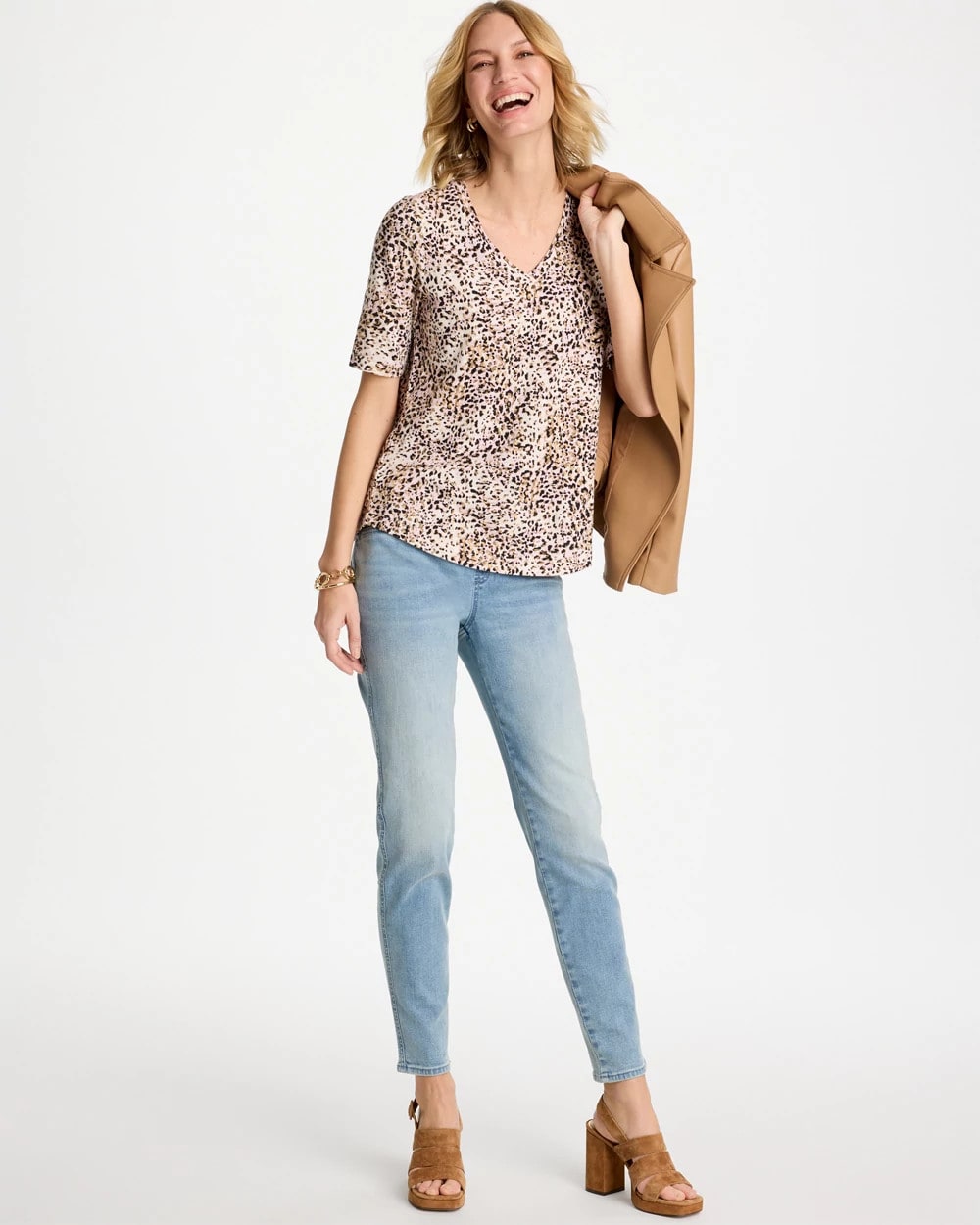 Chico's Discount Cattail Brown Printed Cotton Slub V-Neck Tee
