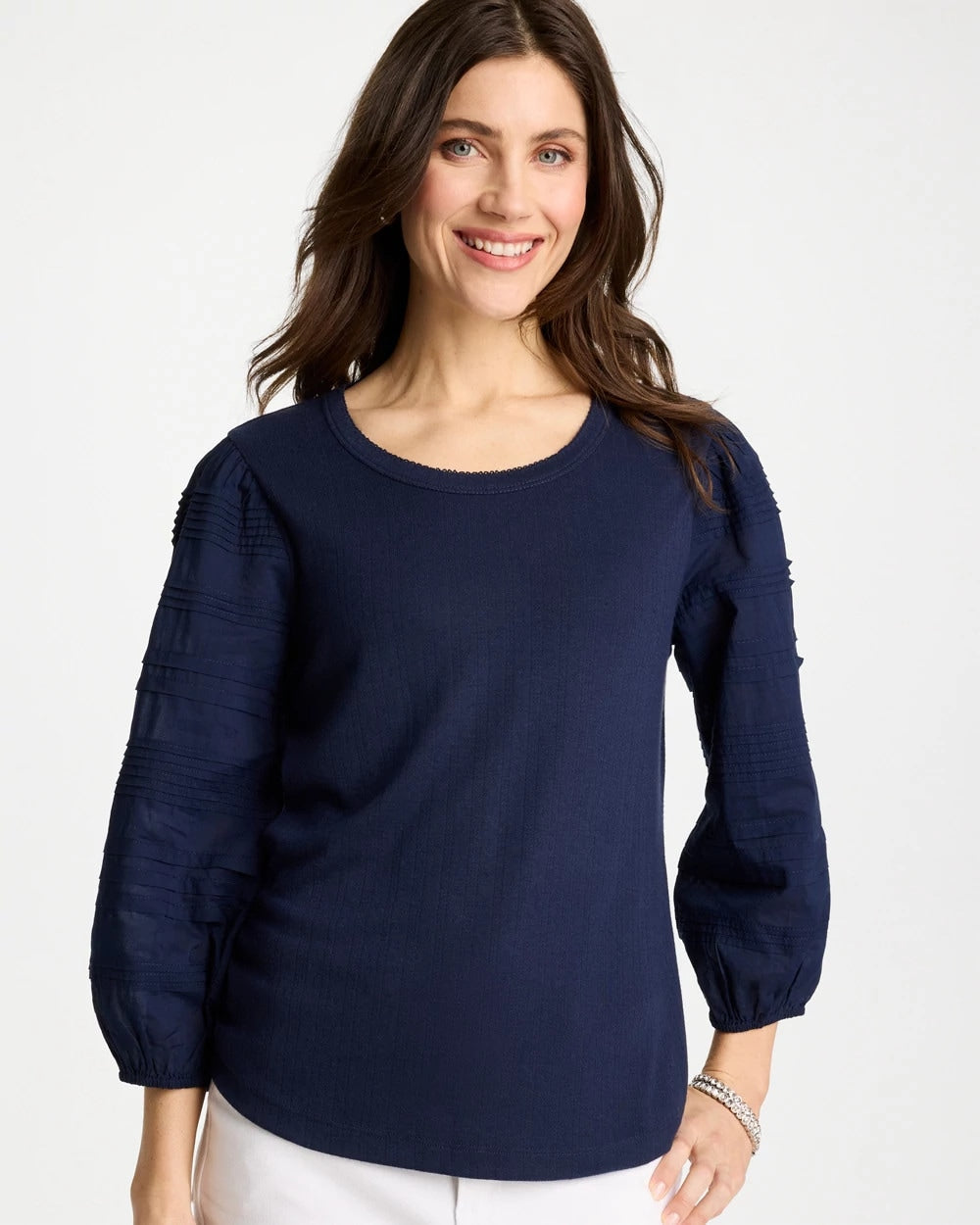 Chico's Sale Passport Blue Pintuck Puff Sleeve Tee