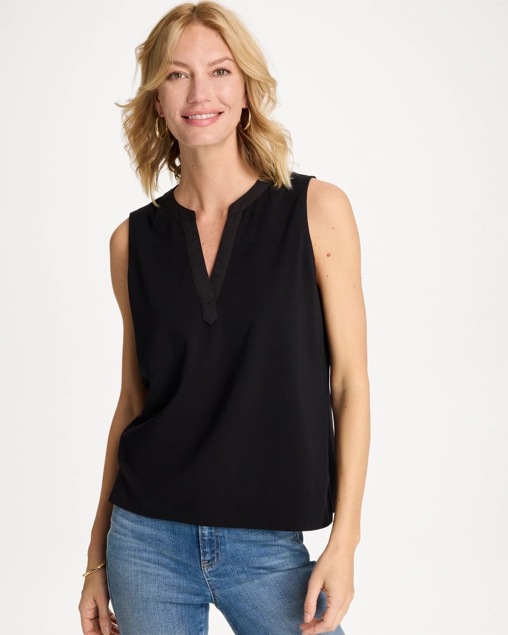 Chico's Outlet Black Cotton-Stretch Notch Neck Tank