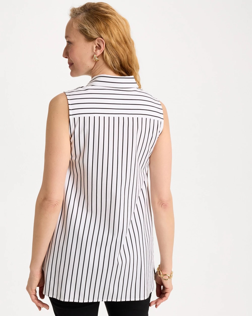 Chico's Sale Black Poplin Cotton Collared Striped Tunic