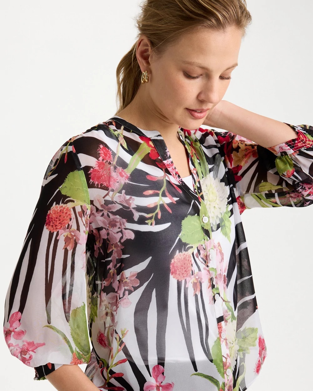 Chico's Discount Cherry Lush Georgette Lightweight Printed Blouse
