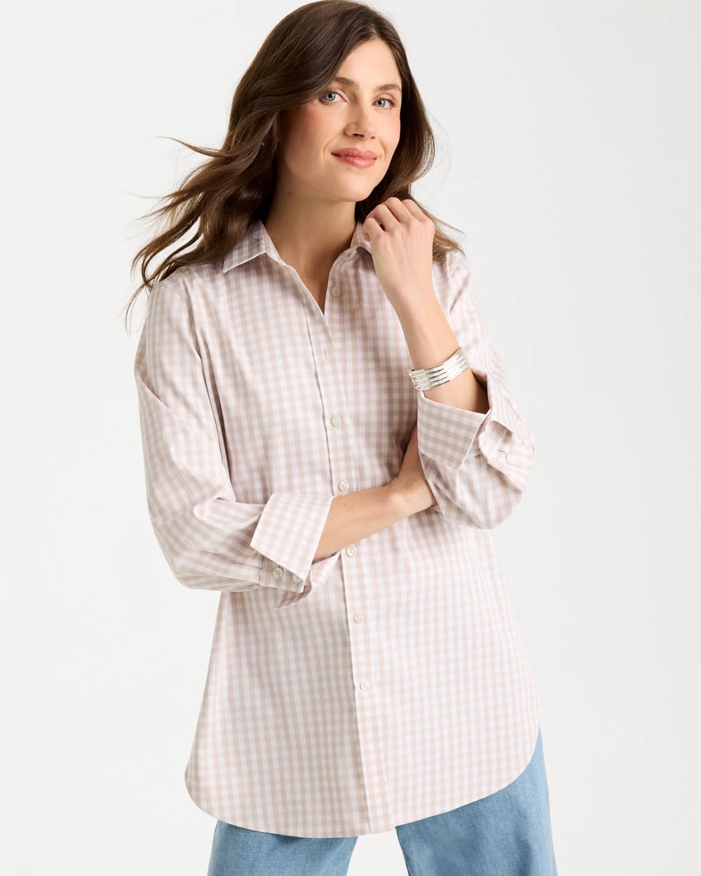 Chico's Outlet Smokey Taupe No Iron™ Stretch Neutral Gingham Shirt
