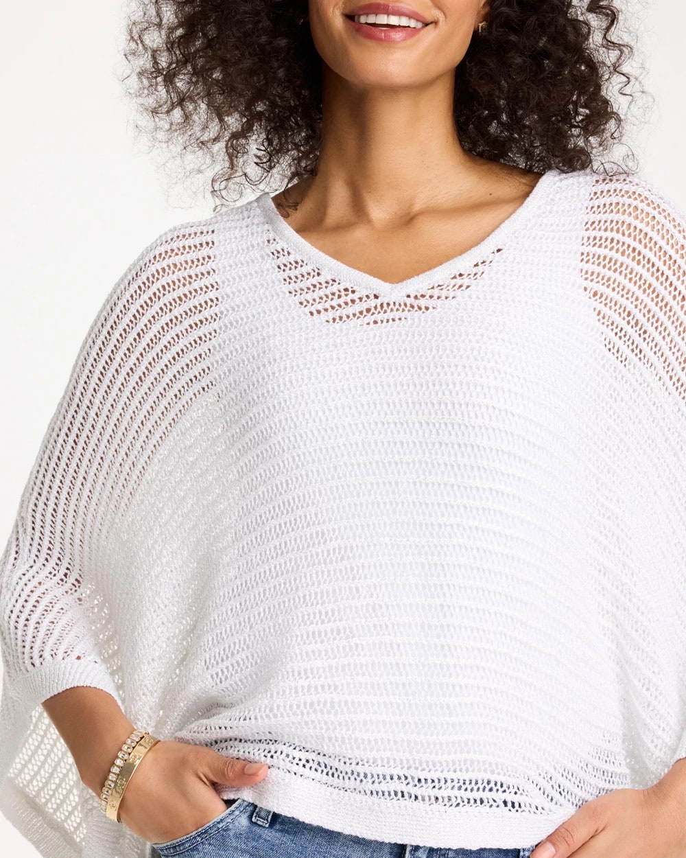 Chico's Discount Alabaster V-Neck Metallic Knit Poncho