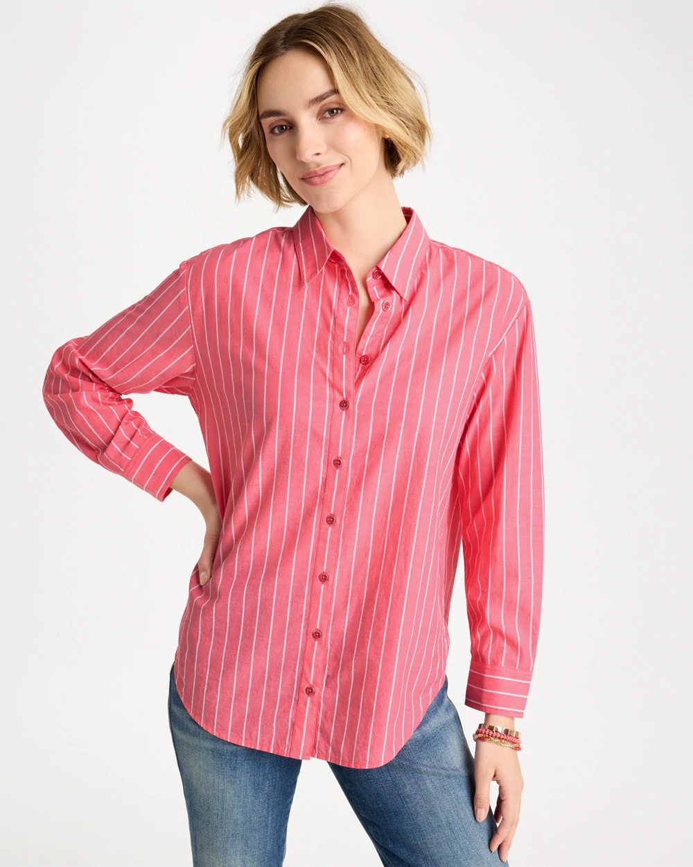 Chico's Discount Calypso Coral Cotton Voile Collared Striped Shirt