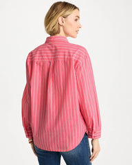 Chico's Discount Calypso Coral Cotton Voile Collared Striped Shirt
