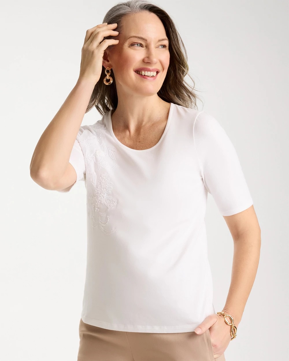 Chico's On Sale Alabaster Sequin Embroidered Floral Tee