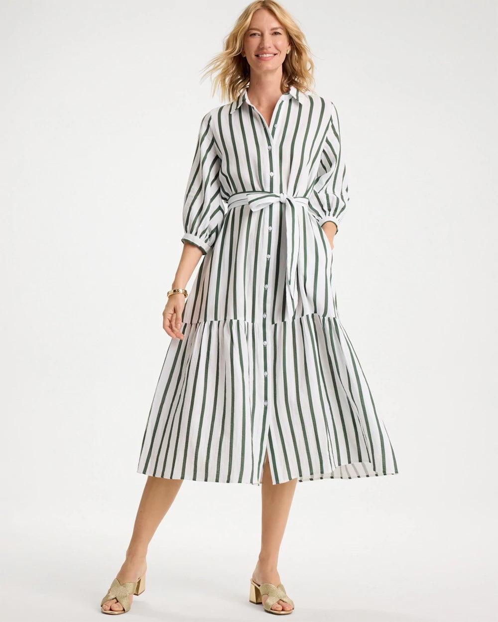 Chico's Sale Alabaster Striped Cotton-Gauze Shirtdress