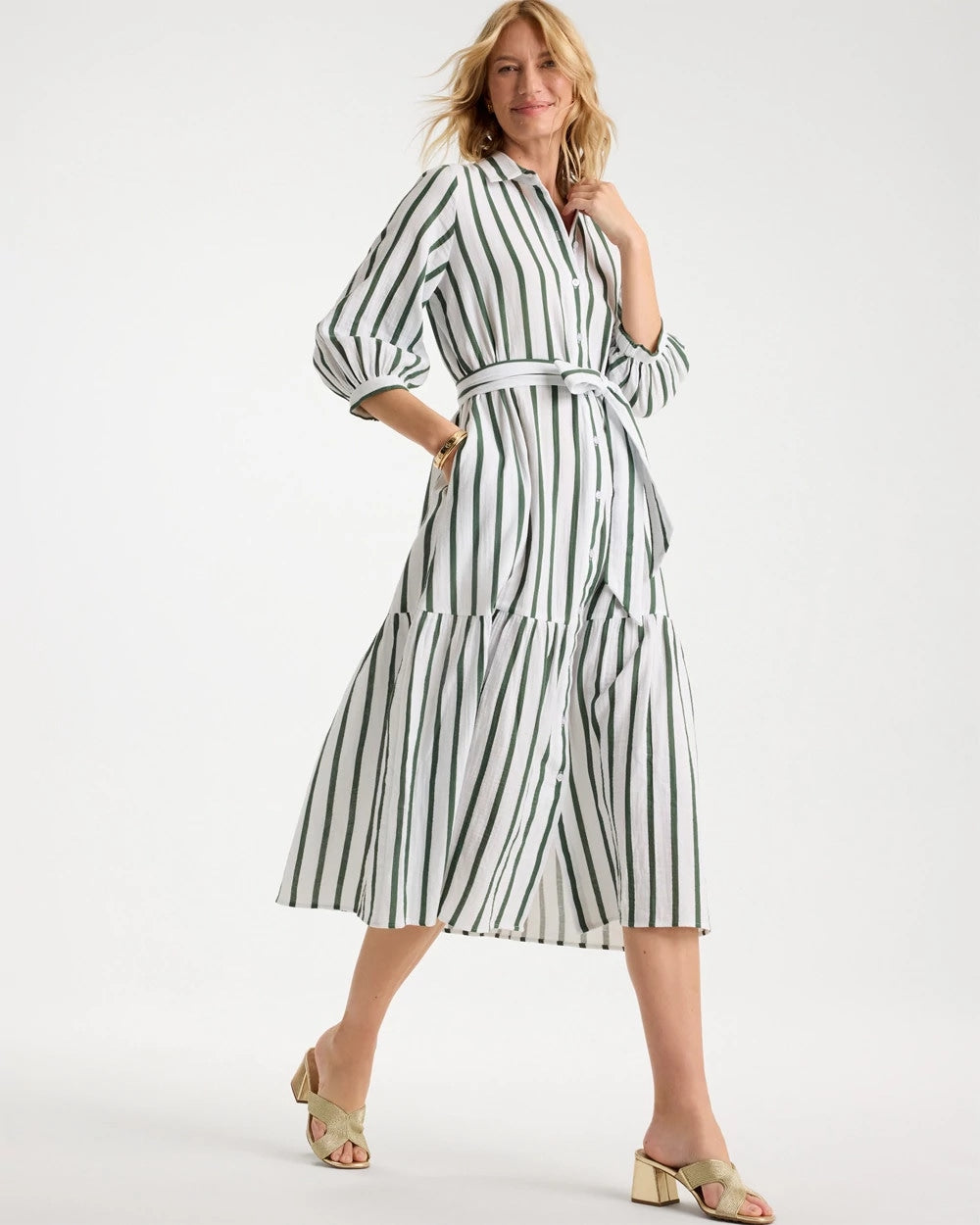 Chico's Sale Alabaster Striped Cotton-Gauze Shirtdress