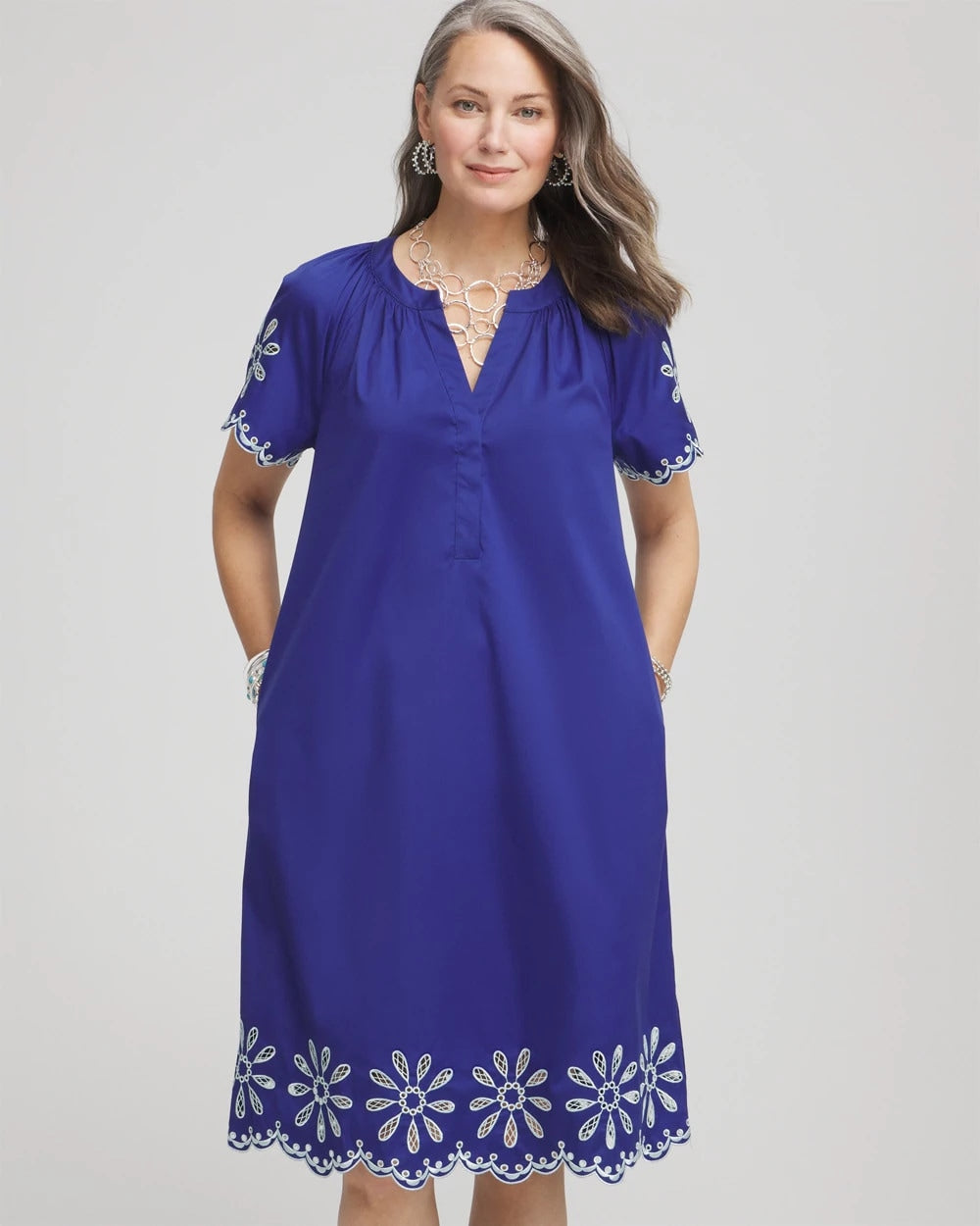 Chico's On Sale Blue Casa Embroidered Poplin Popover Dress