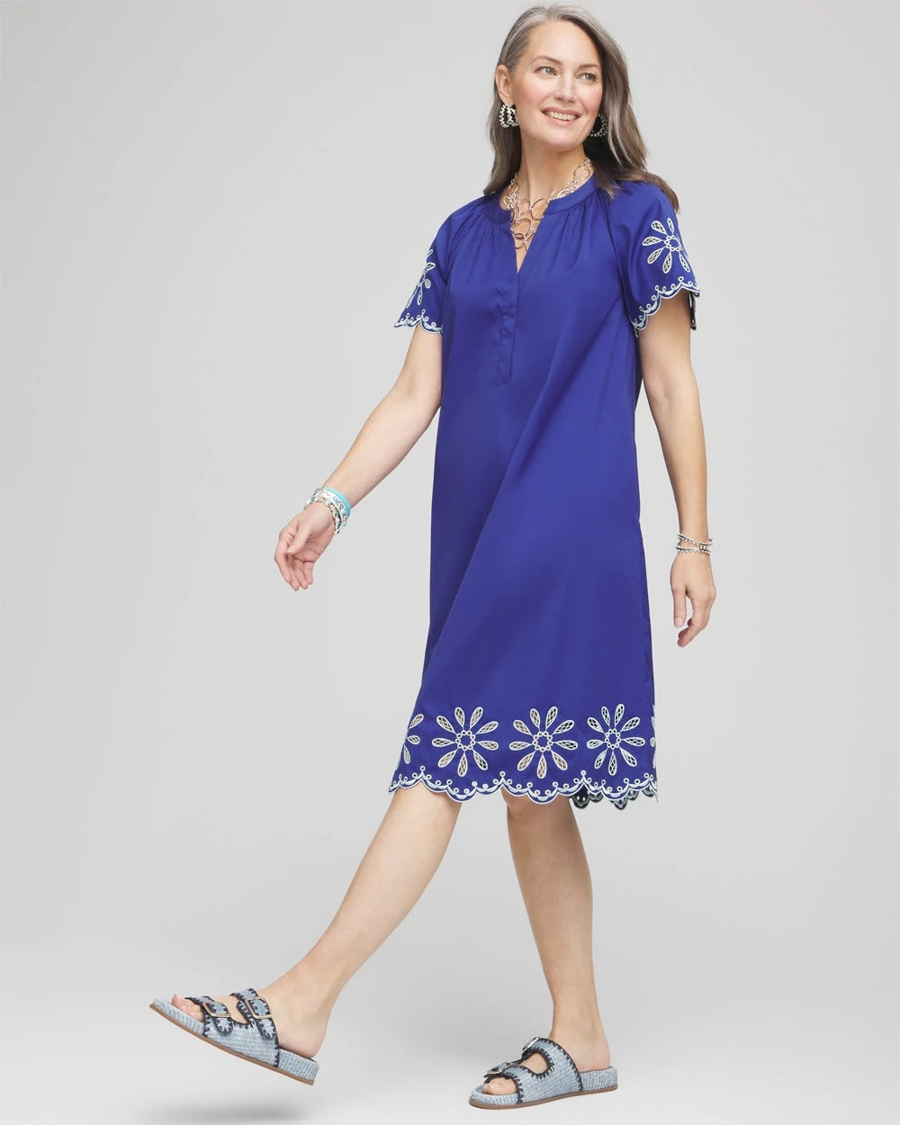 Chico's On Sale Blue Casa Embroidered Poplin Popover Dress