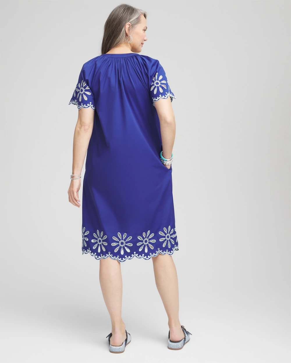 Chico's On Sale Blue Casa Embroidered Poplin Popover Dress