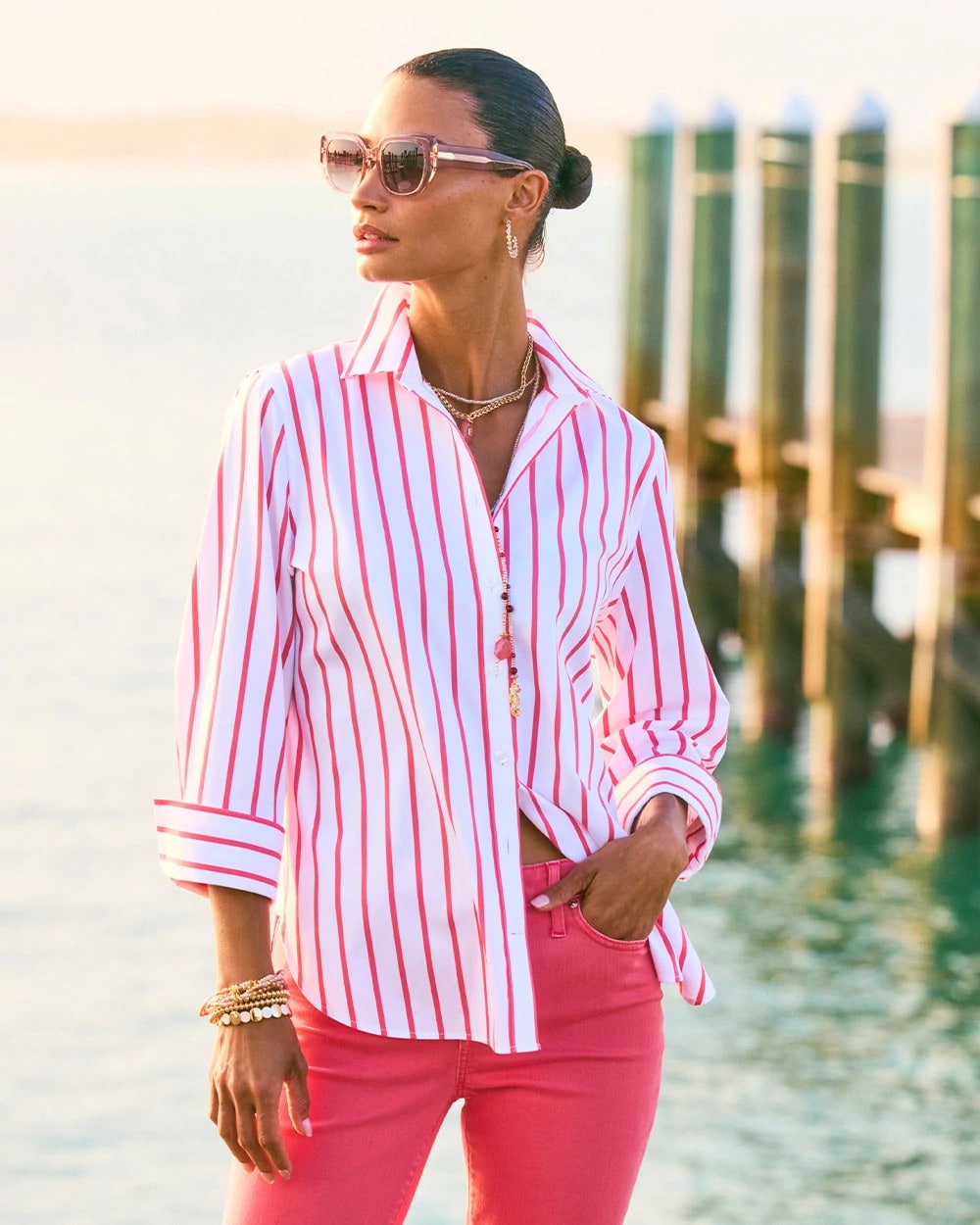 Chico's Outlet Calypso Coral No Iron™ Stretch Striped Shirt