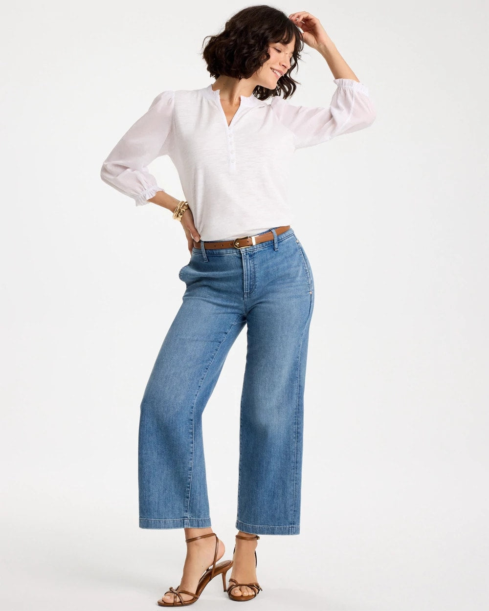 Chico's For Sale Alabaster Ruffled V-Neck 3/4 Sleeve Top