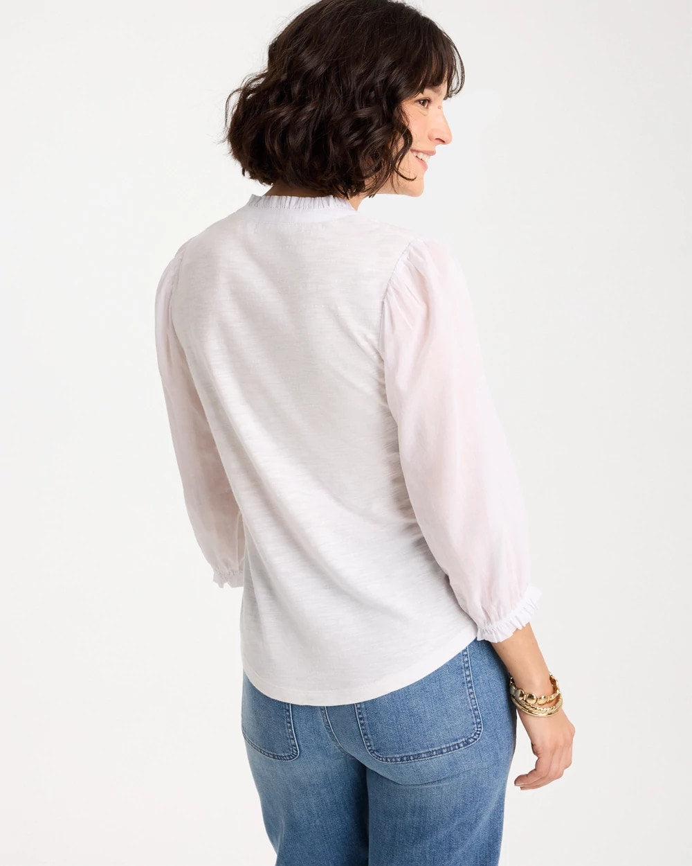 Chico's For Sale Alabaster Ruffled V-Neck 3/4 Sleeve Top