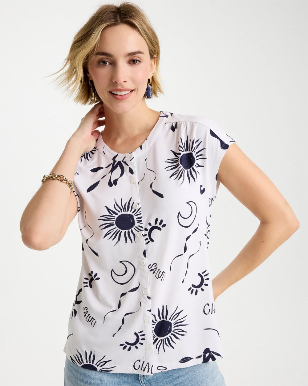 Chico's Discount Passport Blue La Playa Refined Button Tee