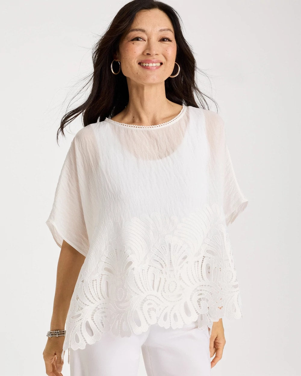 Chico's Sale Alabaster Crochet Lace Hem Poncho