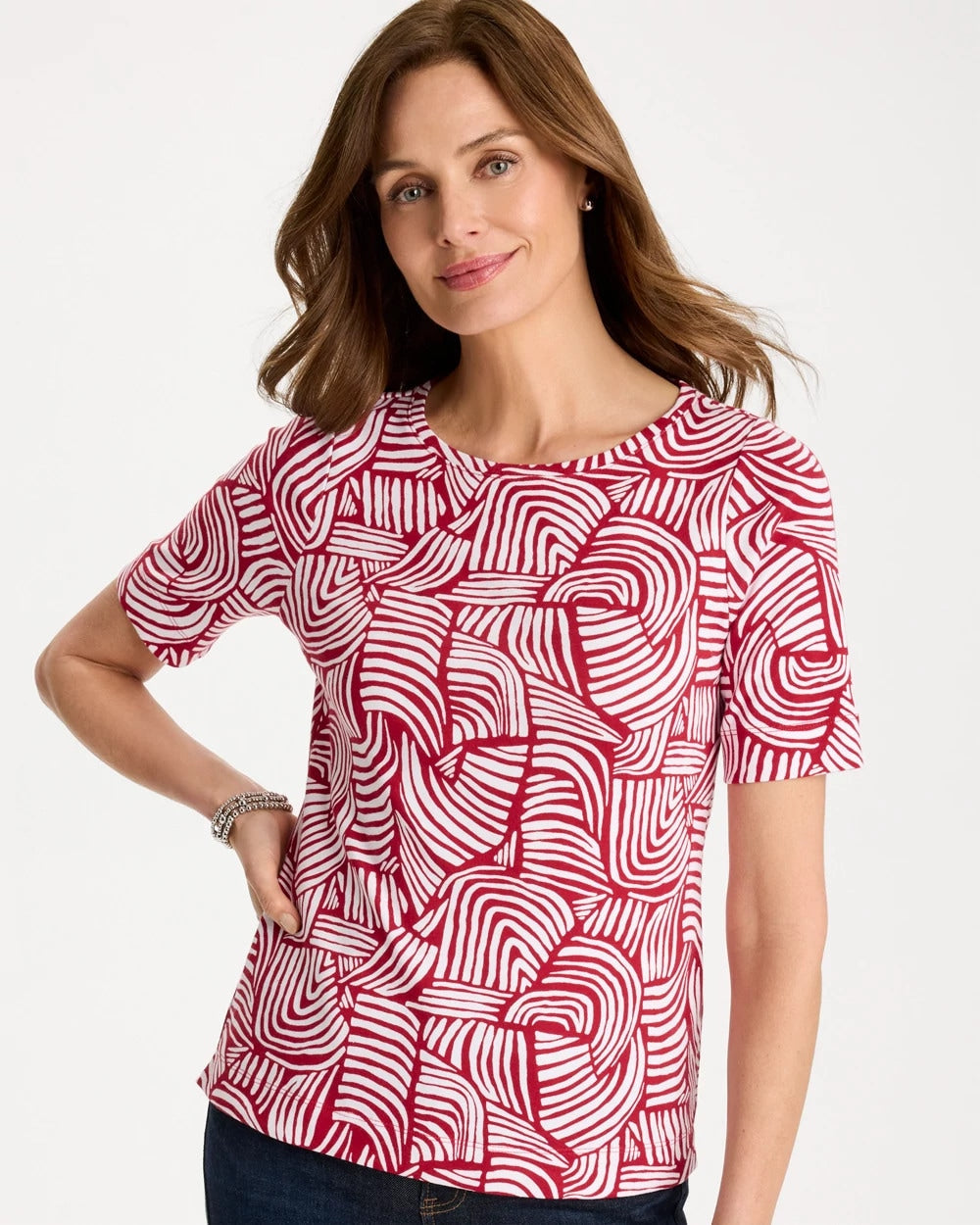 Chico's Outlet Cherry Lush Geo Pima Elbow Sleeve Tee