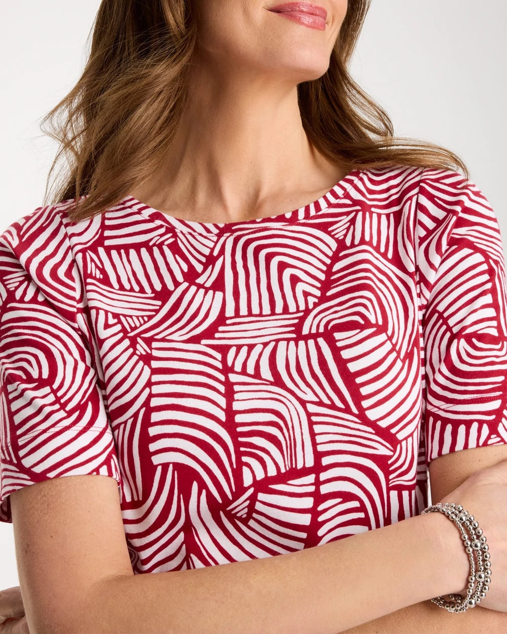 Chico's Outlet Cherry Lush Geo Pima Elbow Sleeve Tee
