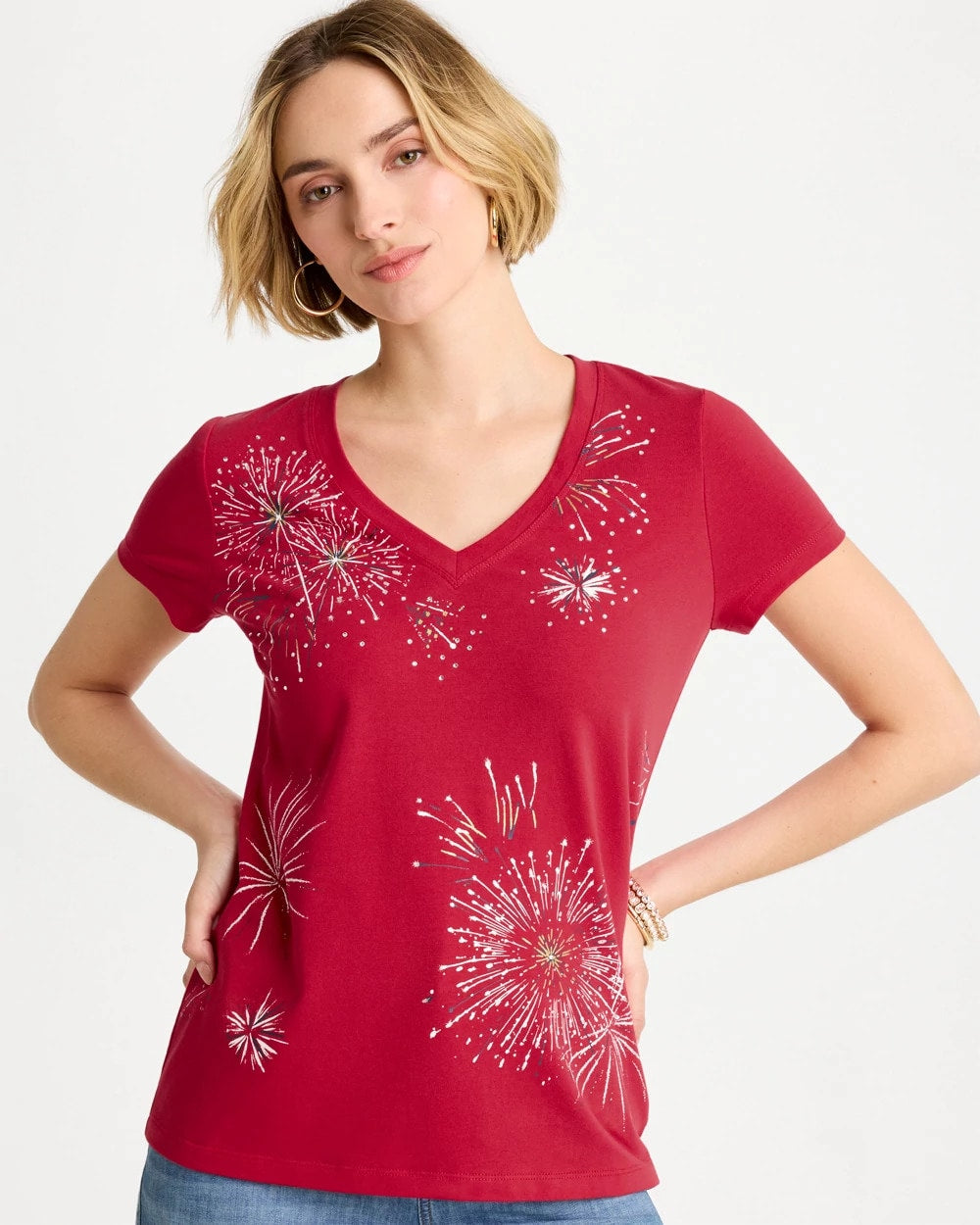 Chico's On Sale Cherry Lush Fireworks Tee