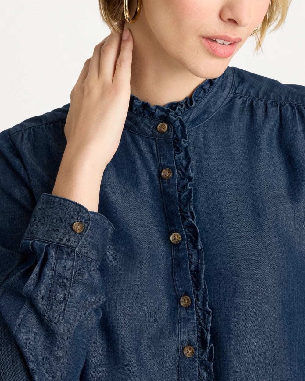 Chico's Online Solana Indigo Tencel Denim Ruffled Popover Shirt