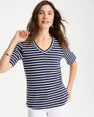 Chico's Discount Passport Blue Pima Striped Elbow Sleeve Tee