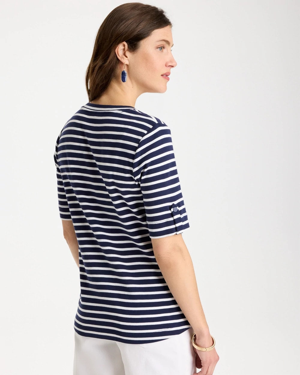 Chico's Discount Passport Blue Pima Striped Elbow Sleeve Tee
