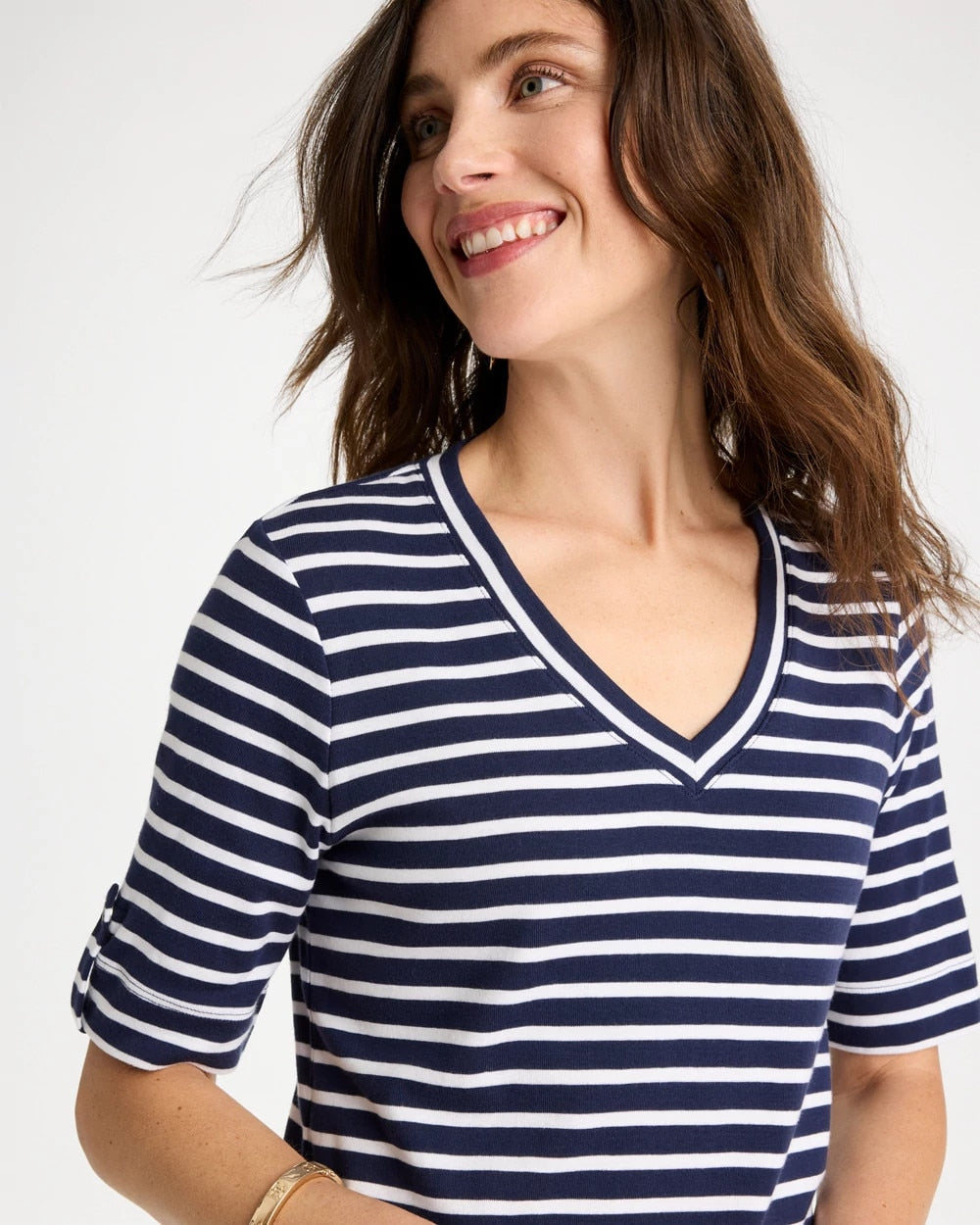 Chico's Discount Passport Blue Pima Striped Elbow Sleeve Tee